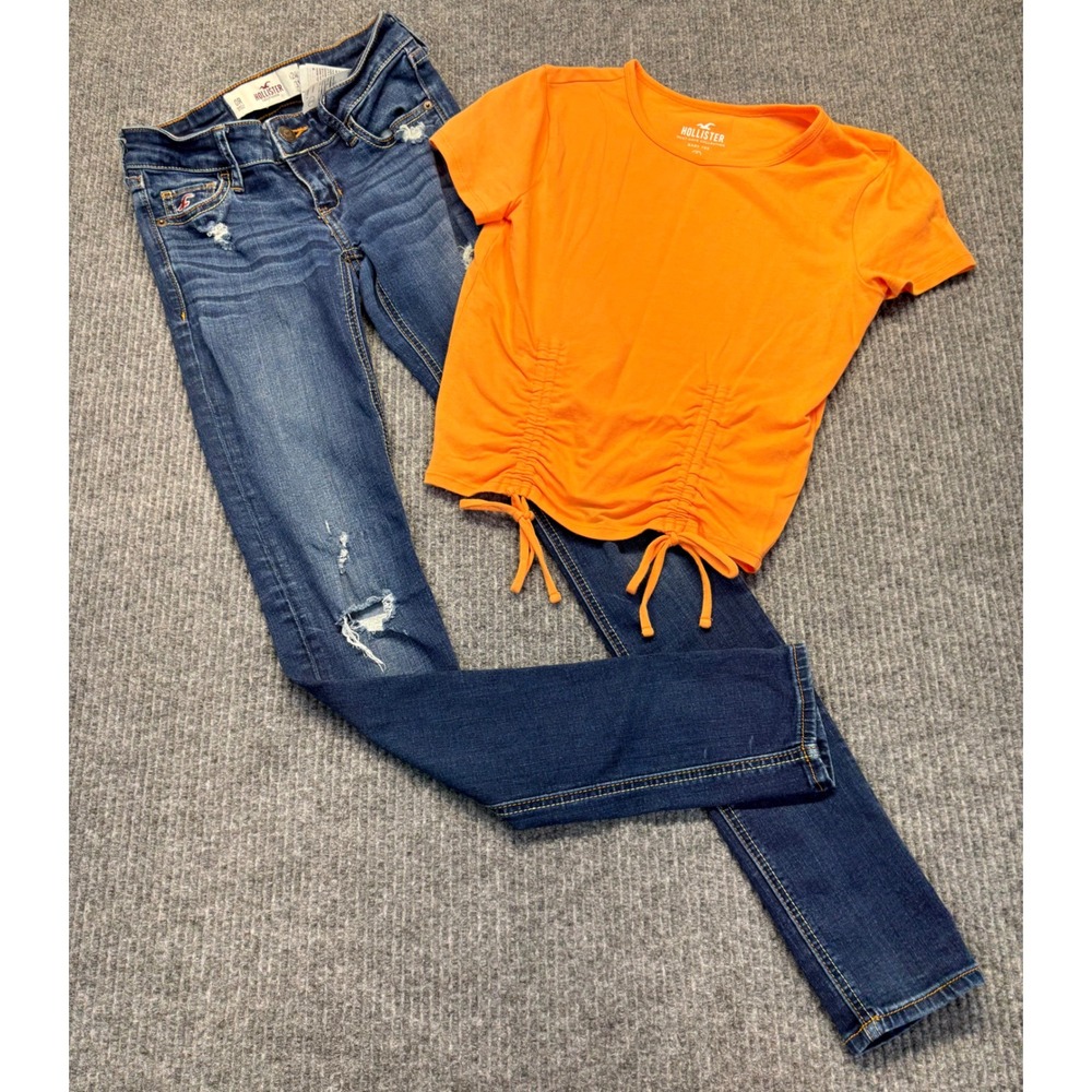Hollister Orange Ruched Baby Tee & Distressed Skinny Jeans Set Size S W24 L31